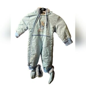 Beatrix Potter Bunny Snowsuit 12M Blue Hooded Faux Fur Baby Winter Bunting